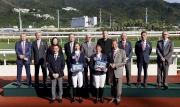 Group photo including Club Chairman Dr Simon S O Ip (front row, 1st right), Hong Kong Equestrian Federation President and Club Steward Michael T H Lee (front row, 1st left), Club Stewards, Club Chief Executive Officer Winfried Engelbrecht-Bresges (back row, 1st left), as well as HKJC Equestrian Team riders Jacqueline Siu (front row, 2nd left) and Clarissa Lyra (front row, 2nd right).