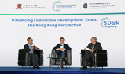 Director of the UN SDSN Professor Jeffrey Sachs (centre); Executive Director, Charities and Community of The Hong Kong Jockey Club Leong Cheung (left), and Director of the Institute of Environment, Energy and Sustainability and AXA Professor of Geography and Resource Management of CUHK Professor Gabriel Lau (right) at the panel discussion on a?Advancing Sustainable Development Goals: The Hong Kong Perspectivea?.