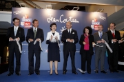 Club Deputy Chairman Dr Simon S O Ip (2nd left), the Minister of Foreign Affairs of France Laurent Fabius (centre), Chief Secretary for Administration Carrie Lam (3rd left), French Ambassador in China Sylvie Bermann (3rd right), French Consul General in Hong Kong and Macau Arnaud Barthelemy (2nd right), Association Culturelle France-Hong Kong Chairman Dr Andrew Yuen (1st left) and the Exhibition Curator Ioannis Kontaxopoulos (1st right) at the Jean Cocteau exhibition opening ceremony.