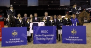Club Deputy Chairman and President of Hong Kong Equestrian Federation Dr Simon Ip (7th left) joins, Club Steward and Vice President of Hong Kong Equestrian Federation Michael Lee (5th right), members of the 2013/14 JETS, JETS team Chief da?equipe and Head Riding Instructor of HKJC Tune Mun Public Riding School Bee Chan (2nd right), and member of the HKJC Equestrian Team Kenneth Cheng (2nd left) for a photo after the ceremony.