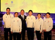 Club Deputy Chairman and President of the Hong Kong Equestrian Federation Dr Simon Ip (third from left) wishes Club-sponsored members of the Hong Kong equestrian team Patrick Lam (first from left), Samantha Lam (second from left) and Kenneth Cheng (third from right); Jacqueline Lai (first from right), graduating from the Junior Team; and Raena Leung (second from right) good luck in their forthcoming competitions.