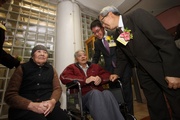Photos 6, 7: Guests chat with two elderly residents Lai Kam Chung (2nd left) and Wan To Wan (1st left). The elderly couple had a brief encounter when they were young and crossed paths again during their residence at Tuen Mun Home after decades. 