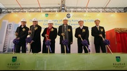 Club Chairman T Brian Stevenson (3rd left) and Steward Anthony W K Chow (2nd left) join Secretary for Education Michael Suen (3rd right), OUHK Council Chairman Dr Eddy Fong (2nd right), Deputy Chairman Edward Cheung (1st right) and President Professor John Leong (1st left) to perform the ground breaking ceremony. 