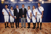 Club Deputy Chairman and President of the Hong Kong Equestrian Federation Dr Simon S O Ip (4th left) joins the Club's Executive Director of Racing William A Nader (3rd left), and HKJC Equestrian Team members Patrick Lam (1st right), Samantha Lam (2nd right), Kenneth Cheng (1st left), Jacqueline Lai (3rd right) and Raena Leung (2nd left) for a photo after the ceremony.