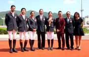 Club Deputy Chairman and President of the Hong Kong Equestrian Federation Dr Simon S O Ip (4th left), Club-sponsored riders Jacqueline Lai (4th right), Patrick Lam (1st left), Kenneth Cheng (2nd left), Samantha Lam (3rd left), Chairman of Lee & Man Paper Manufacturing Raymond Lee (2nd right) and its Executive Director & Chief Executive Officer Edmond Lee (3rd right) pose for a group photo.