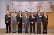 Club Chairman T Brian Stevenson (3rd right) pictured with Permanent Secretary for Food and Health Richard Yuen (2nd right), Hospital Authority Chief Executive Dr P Y Leung (3rd left), Hong Kong Academy of Medicine President Dr Donald Li (centre), Working Group for Setting-up of Simulation Centre Co-Chairman Dr C H Leong (1st right), the Cluba?s Executive Director, Charities, Douglas So (2nd left) and Chairman of Hong Kong Jockey Club Innovative Learning Centre for Medicine Management Committee Dr W K Tung (1st left) at the opening ceremony.