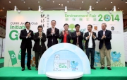 The Cluba?s Executive Director, Charities, Douglas So (3rd left), Permanent Secretary for the Environment Anissa Wong (centre), Steering Committee for CUHK Jockey Club Initiative Gaia Chairman Professor P C Ching (3rd right), Institute of Environment Energy and Sustainability Director Professor Gabriel Lau (1st right), Polar Museum Foundation Founder Dr Rebecca Lee (2nd left), Green Monday Founder David Yeung (2nd right) and Tsang Pik Shan Secondary School Principal Ho Pui-shing (1st left) at the opening ceremony of the Environment Fair 2014. 