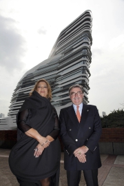 Club Chairman T. Brian Stevenson with architect Dame Zaha Hadid. Mr Stevenson says the new Jockey Club Innovation Tower will help PolyU cement its role as the design hub for Asia and extend its international reputation for creative design and innovation, thereby contributing more to Hong Kong's creative industries.