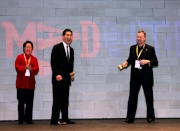 The Cluba?s Chief Executive Officer Winfried Engelbrecht-Bresges (right), Secretary for Commerce and Economic Development Gregory So (centre) and Hong Kong Institute of Contemporary Culture Chief Executive Ada Wong (left) at the opening ceremony of MaD 2012. Mr Engelbrecht-Bresges expects the newly-established a?Jockey Club MaD Schoola? will enable MaD to become a more structured and sustainable education programme providing social innovation training to youngsters.

