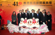Photos 1,2,3: Jockey Club Deputy Chairman Dr Simon S O Ip (first row, 3rd left); HKSAR Chief Executive Leung Chun-ying (first row, centre); HKAF Society Chairman Ronald Arculli (first row, 3rd right); Secretary for Home Affairs Tsang Tak-sing (first row, 2nd right); Director of Leisure and Cultural Services Betty Fung (first row, 1st left); HSBC Chief Executive Peter Wong (first row, 2nd left); HKAF Executive Director Tisa Ho (first row, 1st right) and other guests perform the opening ceremony of the 41st Hong Kong Arts Festival 2013.