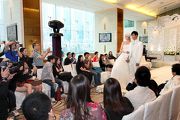Former Miss Hong Kong first runner-up Chu Hyman and former Mr Hong Kong contestant Jacky Lei lead runway models in a fashionable wedding gown show.