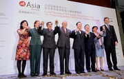 Club Chairman T Brian Stevenson (3rd left), HKSAR Chief Executive Donald Tsang (4 th right), Vice Chairman of the National Committee of the Chinese Peoplea?s Political Consultative Conference and Former Chief Executive Tung Chee-hwa (4th left), Asia Society Co-Chair and ASHK Center Chairman Ronnie Chan  (3rd right), President of Asia Society (New York) Vishakha N. Desai (2nd right), Asia Society Global Co-Chair Henrietta H.Fore (2nd left), Asia Society Hong Kong Centre Executive Director Edith Ngan Chan (1st left) and Trustee of Asia Society Charles Rockefeller (1st right) officiate at the grand opening ceremony.